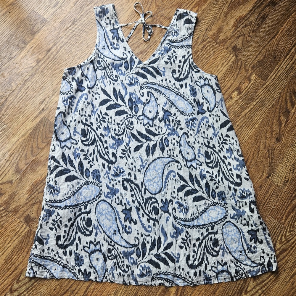 Lucky Brand Womens Blue White Ikat Paisley 100% Linen Sleeveless Shift Dress L